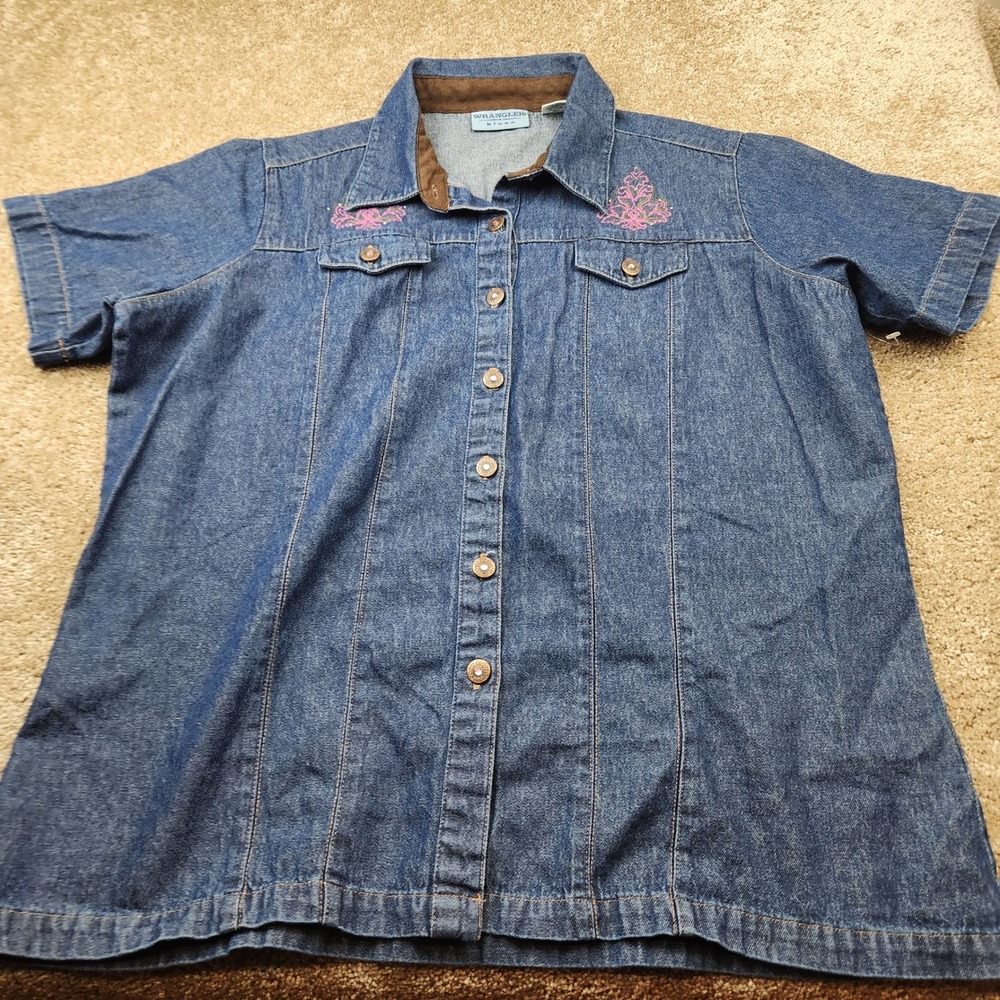 Wrangler Blues Womens XL Denim Shirt Short Sleeve Embroidered Western Blue